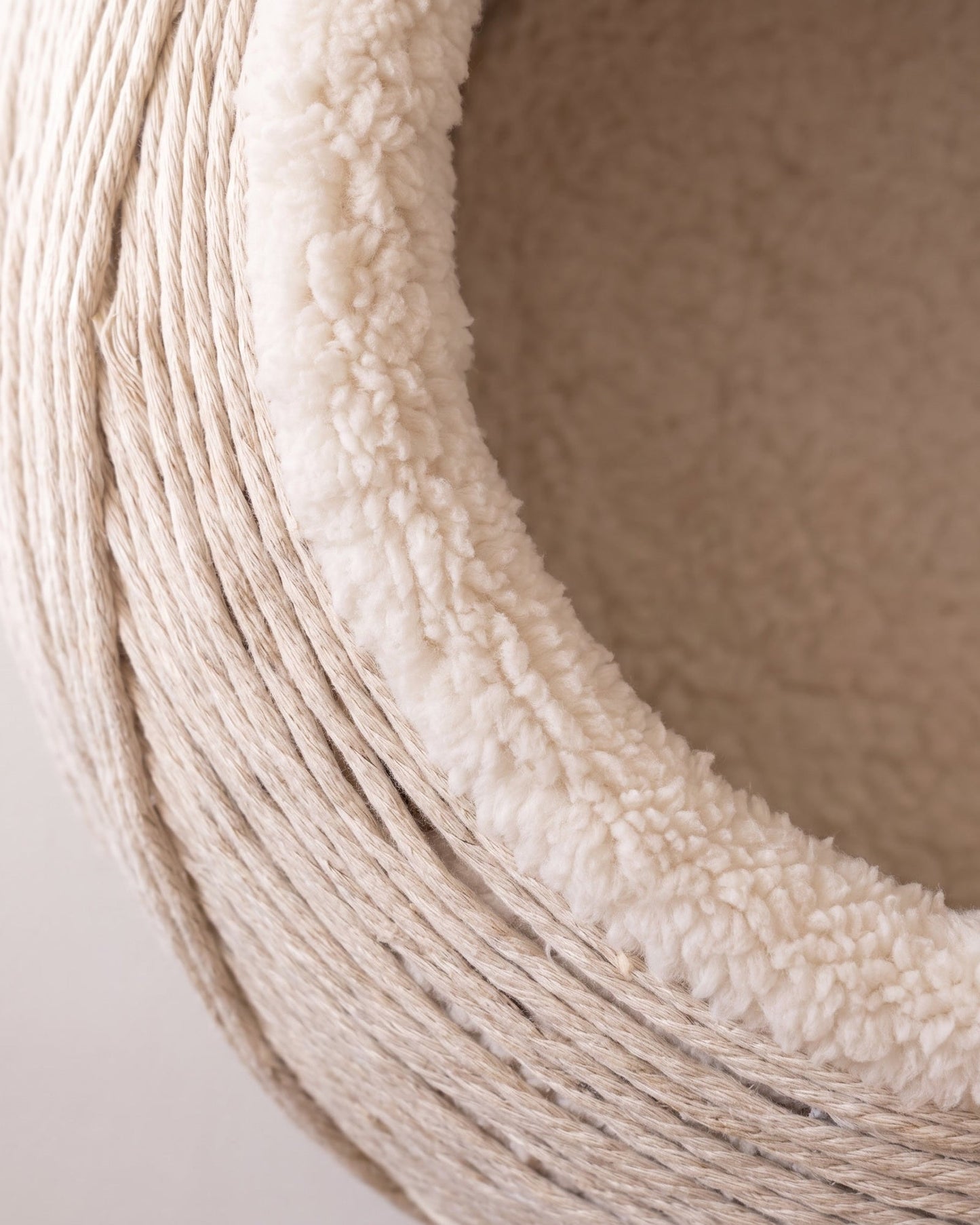 Close up of the hand wound cotton cord and sherpa collar