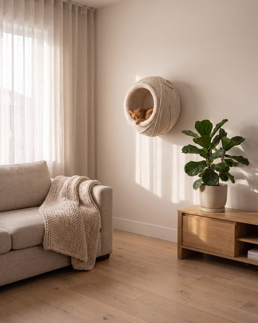 Snug Ledge String Pod mounted on a wall with a cat curled inside